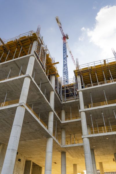 A low angle shot of a building under construction